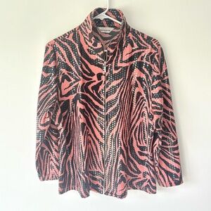 Misook Vintage Pink Black Zebra Print Clear Sequins Full Zip Shirt Jacket Disco